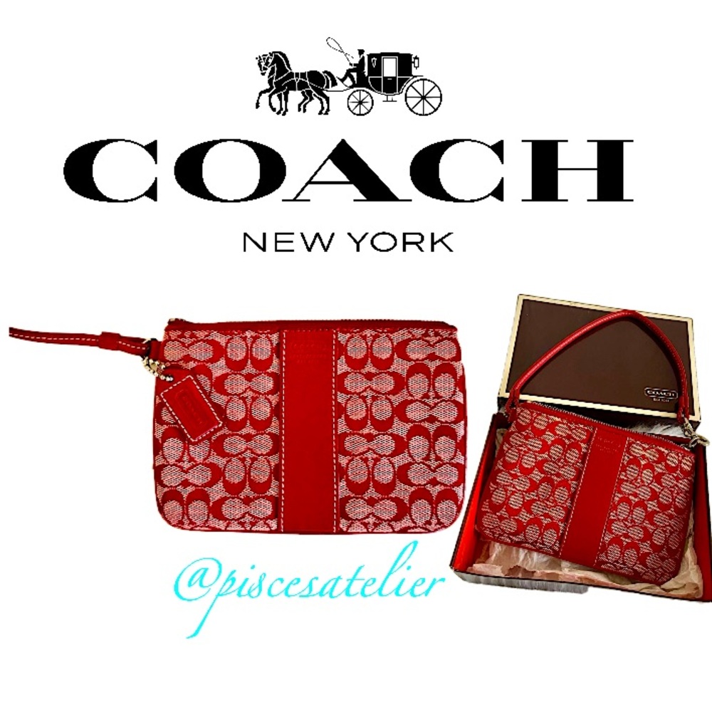 Vintage New Coach Red Signature Logo Leather & Canvas Wristlet with Duster Bag.